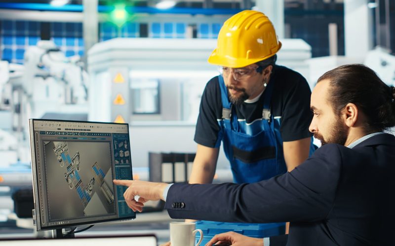 Solar panels plant expert sharing findings with engineer after developing new technologies harnessing sun power. Photovoltaics factory researcher telling worker how to improve efficiency, camera B