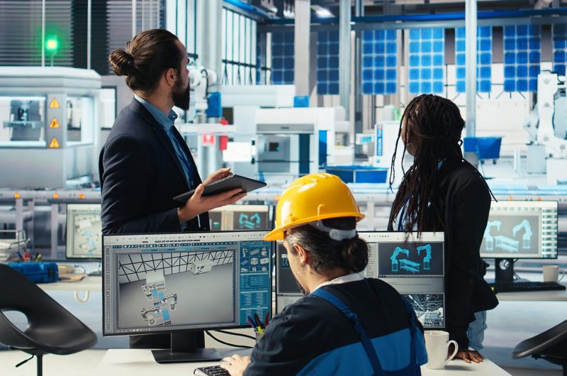Team of solar panels plant managers and engineer discussing how to harness sun power. Teamworking photovoltaics factory colleagues chatting about improving development efficiency, camera A